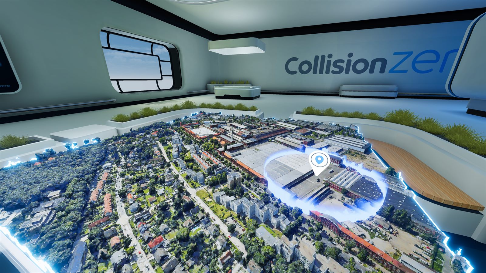 Nahaufnahme des 3D-Stadtmodells in der Collision-Zero-App mit markierter Unfallstelle