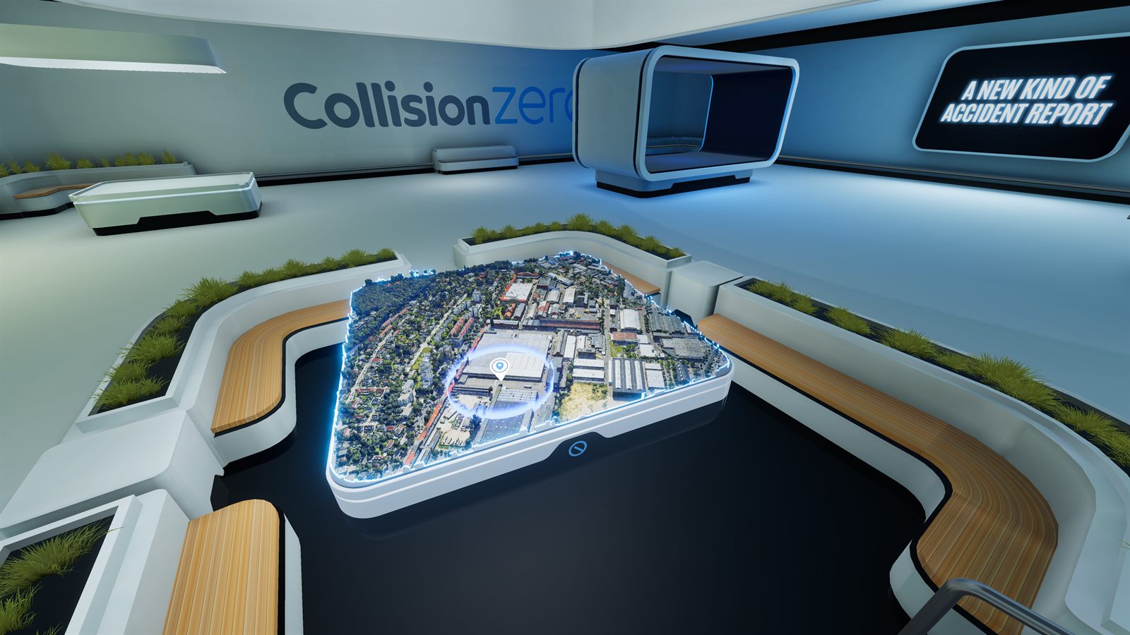 Virtueller Showroom in der Collision-Zero-App mit einem 3D-Stadtmodell auf einem interaktiven Tisch